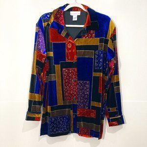 Susan Graver Style Top Velour Velvet Shirt Button Front Abstract Art Multi M